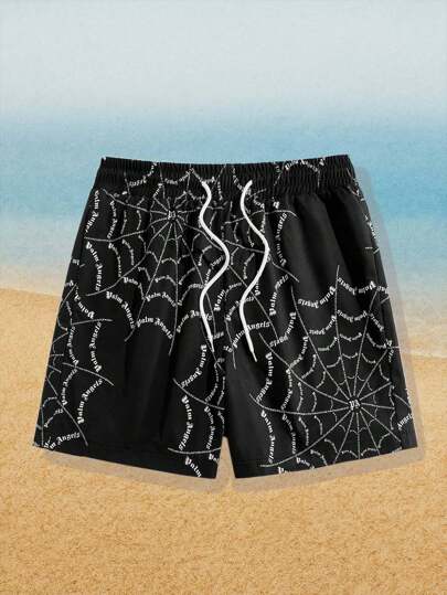 Goth Men's Spider Web Print Drawstring Waist Pockets Loose Casual Versatile Shorts, Halloween
