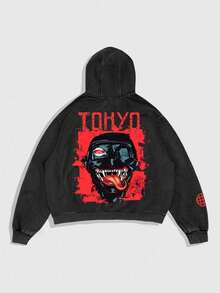 ROMWE MEN Anime Men's Acid-Washed Hooded Sweatshirt - Black - View 1