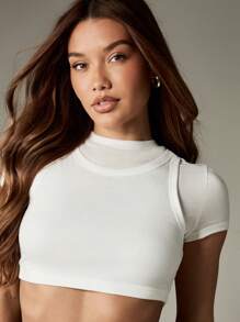 MISSGUIDED Áo thun ngắn tay ôm sát màu trắng cho bé, áo xếp lớp cơ bản, thiết yếu, thời trang Y2K, tối giản, cổ cao, thường ngày, mùa hè, mùa xuân - trắng - Xem 4