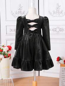 SHEIN Váy nhung trang trí nơ 3D dễ thương cho bé gái, váy đơn giản thanh lịch, thích hợp mặc vào mùa thu đông, giáng sinh, dự tiệc, sinh nhật - màu đen - Xem 7