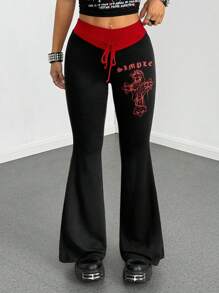 StreetHx Women's Contrast Color Patchwork Print Punk Flare Pants Fall Cloth For Women - Multicolor - View 3