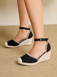 Styleloop Zapatos de cuña y plataforma trenzados de estilo bohemio para mujer - Negro - Ver 6