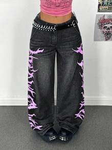 StreetHx Low Waist Printed Wide Leg Straight Jeans
