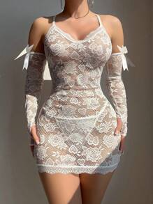 4pcs/Set Wedding Season Lace Nightgown Babydoll + G-String + Bow Decor Gloves Bowknot - White - View 4