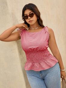 Elaquor Plus Size Women Plaid Waist Tie Ruffle Hem Tank Top - Red - View 6