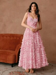 Savoree Women's Elegant Romantic Pink Floral Print 3D Flower Drawstring Waist A-Line Corset Off-The-Shoulder Dress