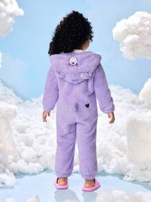 SHEIN X Care Bears 小女孩可爱卡通刺绣图案长袖连帽拉链柔软毛绒紫色3D耳朵设计连体睡衣