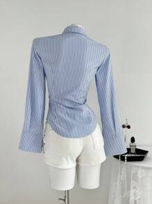 Elamini 1 pieza Camisa casual, diaria, universitaria y versátil de mujer de ajuste ceñido con rayas azules y bordado, de manga larga