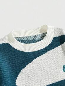 ROMWE MEN Prep 男士圆领不对称拼色提花针织毛衣，街头时尚，秋冬 - 綠色 - 查看 3