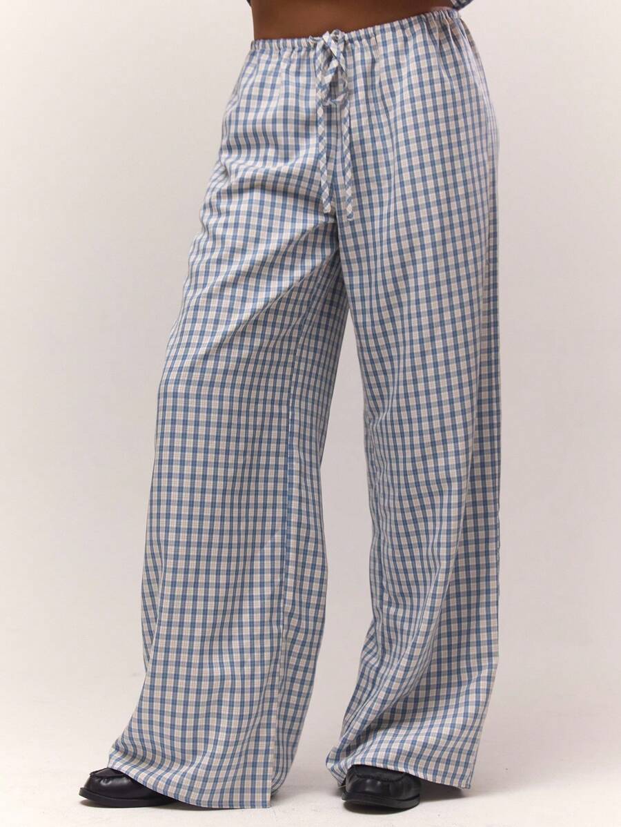 MUSERA 格纹低腰系带阔腿亚麻裤，秋季复古乡村风休闲办公度假夏季款 - 藍白色 - 查看 1