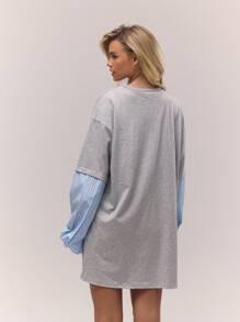 MUSERA 叠层超大条纹短袖T恤裙，复古乡村风，可爱俏皮，适合返校季休闲穿着，女款奶油糖色，派对优雅风。 - 灰色 - 查看 3