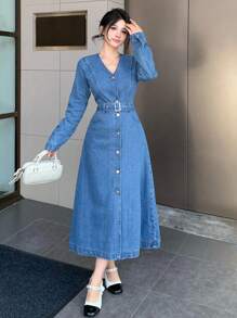 DAZY V 领金属扣腰带修身商务休闲长袖女士牛仔连衣裙，秋冬，秋季女装 - 中等水洗藍 - 查看 7
