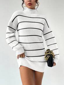 Chiquease 通勤百搭纹理条纹针织套头连衣裙，适合旅行和日常穿着 - 黑與白 - 查看 6