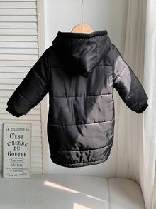 SHEIN 1pc Young Boy Casual Collegiate Thermal Lined Padded Knee-Length Hooded Quilted Coat,Practical Fashion Versatile Contrast Jacket For Autumn/Winter - Black - View 3