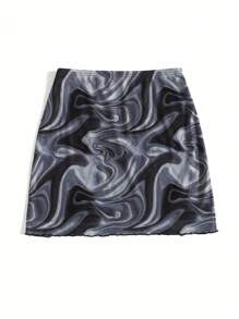 SHEIN EZwear Marble Print Lettuce Trim Skirt - Black and White - View 2