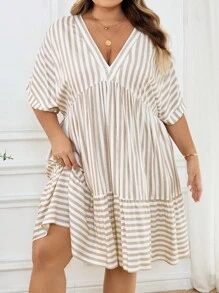 SHEIN CURVE+ Plus Size Women Striped V-Neck Batwing Short Sleeve Ruffle Hem Casual Dressfall Clothes For Women,Winter,CURVE PLUS - Multicolor - View 4