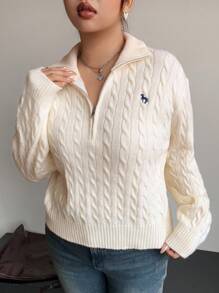 Dazy Plus Zip-Up Half Open Collar Loose Embroidered Pattern Long Sleeve Pullover Sweater, Spring/Autumn - Apricot - View 3