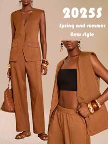 Zivah 2025 新款夏季母亲节婚礼嘉宾生日派对日常休闲度假时尚别致街头优雅办公室商务休闲 V 领无袖纽扣背心外套和直筒裤棕色竹纤维面料女 2 件套秋冬 - 棕色 - 查看 2