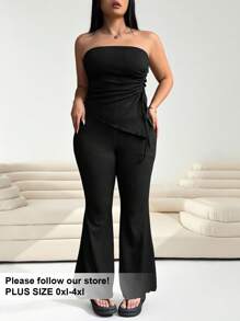 SHEIN EZwear Set de 2 piezas: Top tipo bandeau y pantalones de campana en color café, talla grande, ropa de primavera y verano - Negro - Ver 1