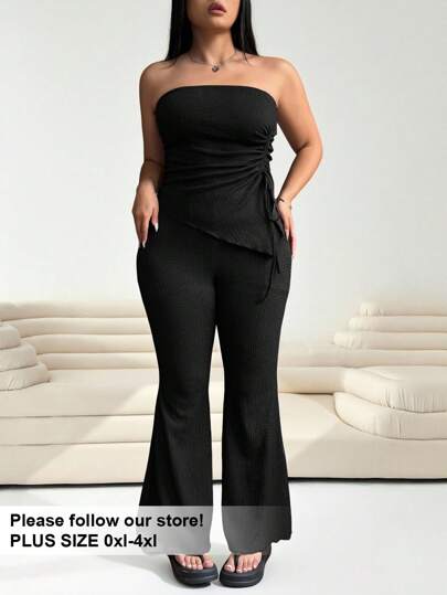 Solflare 2pcs Set: Coffee Color Bandeau Top And Flare Pants, Plus Size,Spring Summer Clothes