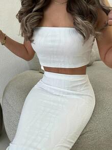 Jemour Conjunto Blanco De Top Tubo Crop Y Falda Lápiz Texturizada - Blanco - Ver 3