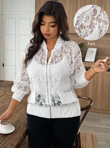 EMERY ROSE Áo khoác dài tay thanh lịch ren khóa kéo cỡ lớn - trắng - Xem 6
