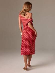 AiiRZ 斜条纹中长连衣裙露肩系带袖褶饰夏季假日海滩度假日聚会紧身连衣裙惊艳腰部细节 - 彩色 - 查看 6