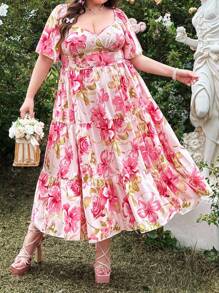 Flirla 加大码优雅法式碎花荷叶边 V 领短袖连衣裙，春季温柔度假风格 - 彩色 - 查看 4