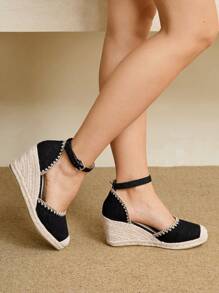 Styleloop Zapatos de cuña y plataforma trenzados de estilo bohemio para mujer - Negro - Ver 5