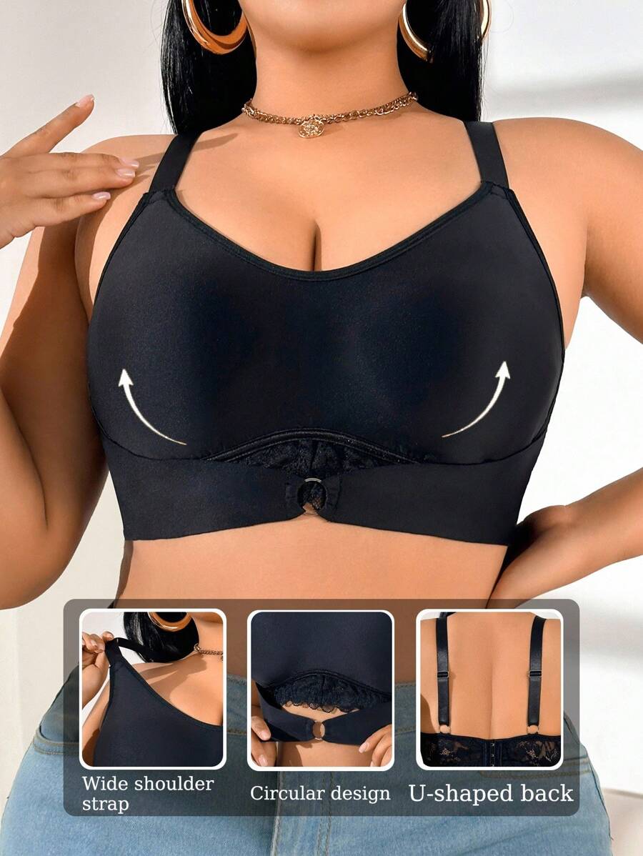 SHEIN 1 件大码蕾丝拼接无钢圈文胸 - 黑色 - 查看 1