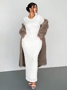 Firerie 大码女式白色浪漫优雅蕾丝提花长袖收腰鱼尾下摆长裙，优雅/办公室/度假/派对/约会/情人节/音乐会/表演/正式/高端宴会/舞会/婚礼季/性感/优雅/通勤/返校/度假/海滩/优雅浪漫/办公室美女/美人鱼风格/生日派对礼服