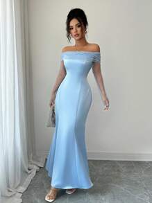 Elenzga 女式露肩串珠刺绣鱼尾连衣裙，2025年初秋 - 淺藍色 - 查看 3