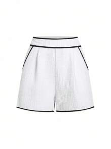 Ellevyn 2pcs/Set Women Contrast Trim Round Neck Camisole And Shorts Set Teacher Outfits For Women  Fall Women Clothes  Business Casual Woman Business Casual  Work/Office White Teacher Outfits For Women  Two Piece Set Women