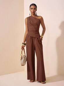 Zivah 2025夏季新款音乐节复活节母亲节婚礼生日派对日常出游基础百搭休闲网红爆款优雅通勤商务休闲一字肩百褶收腰不对称下摆女上衣直筒裤卡其色女两件套 - 棕色 - 查看 4