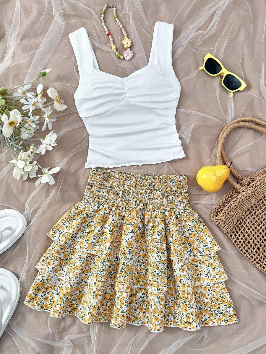 SHEIN Kids Teen Girl Vacation Spring/Summer Carnival Beach Cruise Resort Knit Twist Front Square Neck Fitted Crop Top, Loose A-Line Layered Hem Skirt Set, Suitable For Dates, Beach Vacation Summer Skirt Teen Spring Summer Outfit Summer Outfits For Women Brunch Outfits For Teens - Yellow - View 1