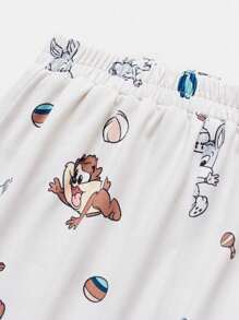 LOONEY TUNES X SHEIN 2 件套小男孩可爱卡通动物全身印花短袖 Polo 衫和松紧腰宽松短裤休闲装，夏季