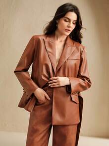 Anewsta Women's Brown Pleated Tie Waist Pocket Glossy PU Leather Elegant Blazer, Autumn/Winter - Brown - View 6