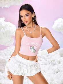 My Little Pony X SHEIN Pink Knitted Crop Cami Top For Women Featuring Spaghetti Straps And Adorable Plant Graphic, A Sheer-Free Summer Essential - Pink - View 5