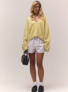 MUSERA 毛绒针织宽松V领纽扣开衫，秋季复古乡村风，返校季休闲女装，奶油黄/焦糖色，冬日时尚春季毛衣 - 黃色 - 查看 4