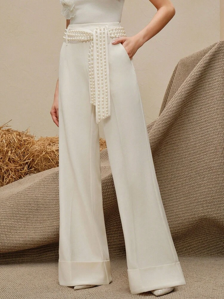 Pantalon large élégant avec décoration de perles à la taille ample pour femmes