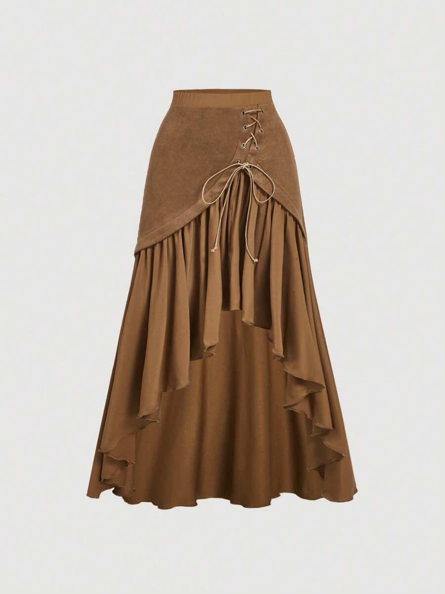 SHEIN MOD Asymmetric Hem Wrap Tie Front Camel Brown Bohemian Skirt,Western Wear Women,Vacation Outfits Woman,Hippie Western Clothes For Women,Brown Ruffle Skirt - Brown - View 1