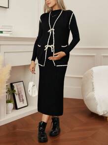 SHEIN 孕妇拼色毛衣背心，宽松版型，带口袋，开襟外套 - 黑與白 - 查看 5