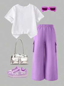 SHEIN ChillGRL 2pcs/Set Tween Girls Casual T-Shirt & Cargo Pants Set, Butterfly Embroidery Pattern Round Neck Short Sleeve T-Shirt And Trousers, Fashionable Outfit For Spring/Summer