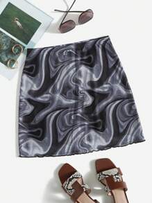 SHEIN EZwear Marble Print Lettuce Trim Skirt - Black and White - View 1