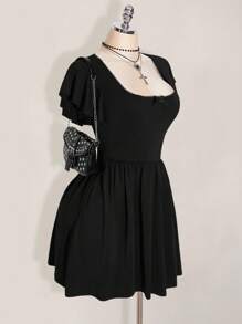 SHEIN PETITE CURVE Plus Size Black A-Line Mini Dress With Flounce Sleeves And Ruffle Hem For Fall Black Dress Fall,Wedding Guest Dress Women Black Dress Summer Black Western Dress Gothic Summer Clothes Witchy Dress Cute Black Dress - Black - View 4