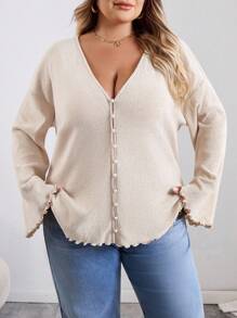 SHEIN CURVE+ Curve Plus Size/Roupas de Outono/Roupas Femininas de Outono/Roupas de Inverno para Mulheres/Roupas de Inverno Plus Size Botão de Pérola Decote em V Profundo Mangas Compridas Cardigan de Malha, Traje de Negócios Plus Size Suéter 8xl Roupas Femininas 6xl Roupas Femininas Plus 5xl Plus Size Cardigan Plus Size Roupas de Outono para Mulheres, Inverno, CURVE PLUS - Damasco - Ver 3