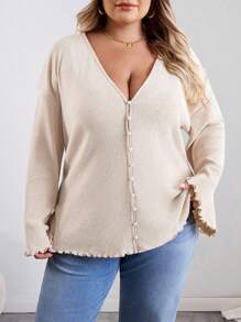 SHEIN CURVE+ Curve Plus Size/Roupas de Outono/Roupas Femininas de Outono/Roupas de Inverno para Mulheres/Roupas de Inverno Plus Size Botão de Pérola Decote em V Profundo Mangas Compridas Cardigan de Malha, Traje de Negócios Plus Size Suéter 8xl Roupas Femininas 6xl Roupas Femininas Plus 5xl Plus Size Cardigan Plus Size Roupas de Outono para Mulheres, Inverno, CURVE PLUS - Damasco - Ver 4