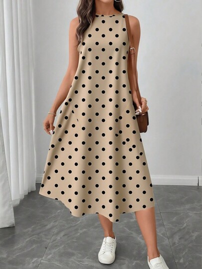 SHEIN LUNE Women's Casual Polka Dot Pattern Round Neck Mid-Length Dress, Suitable For Spring/Summer,Casual Dresses For Women Chic Dress, Polka Dot Dress Women Casual Polka Dot Dress,Fall Clothes For Women,Casual