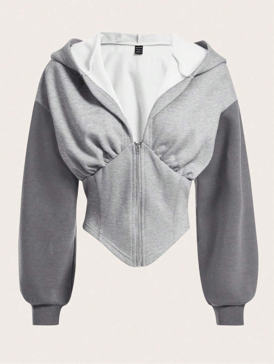 SHEIN EZwear 秋冬撞色落肩拉链连帽衫、长袖上衣