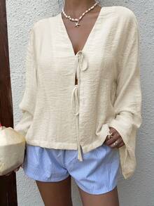 SHEIN EZwear 女士米色梭织休闲长袖衬衫 - 米色 - 查看 6